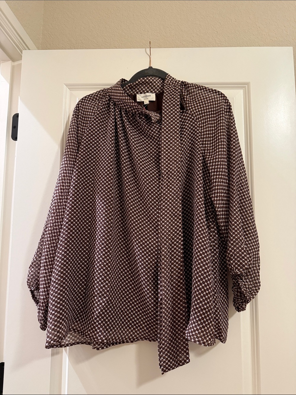 Umgee Brown and White Polka Dot Tie-Neck Blouse- Lined